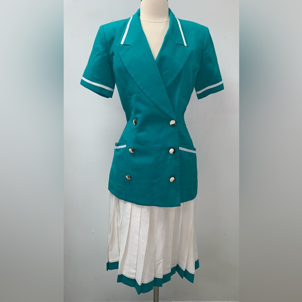 Vintage 80s Teal Double-Breasted Blazer with pleated skirt Robert Daniel sz M/L